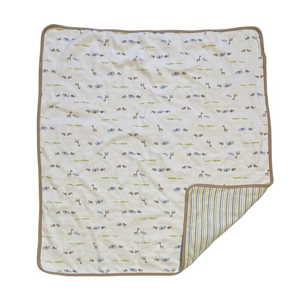 Carters Safari Jungle Animals Blue Brown Green Stripe Baby Blanket Cotton Lovey